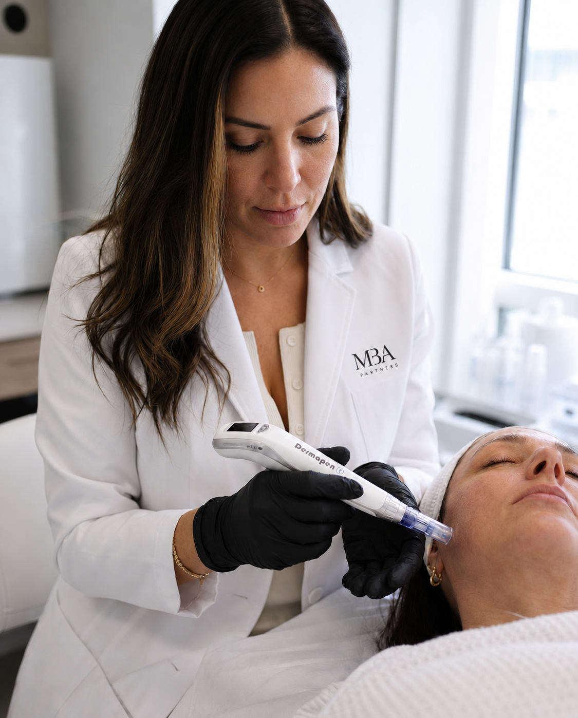 Praticienne réalisant un soin de microneedling en cabinet